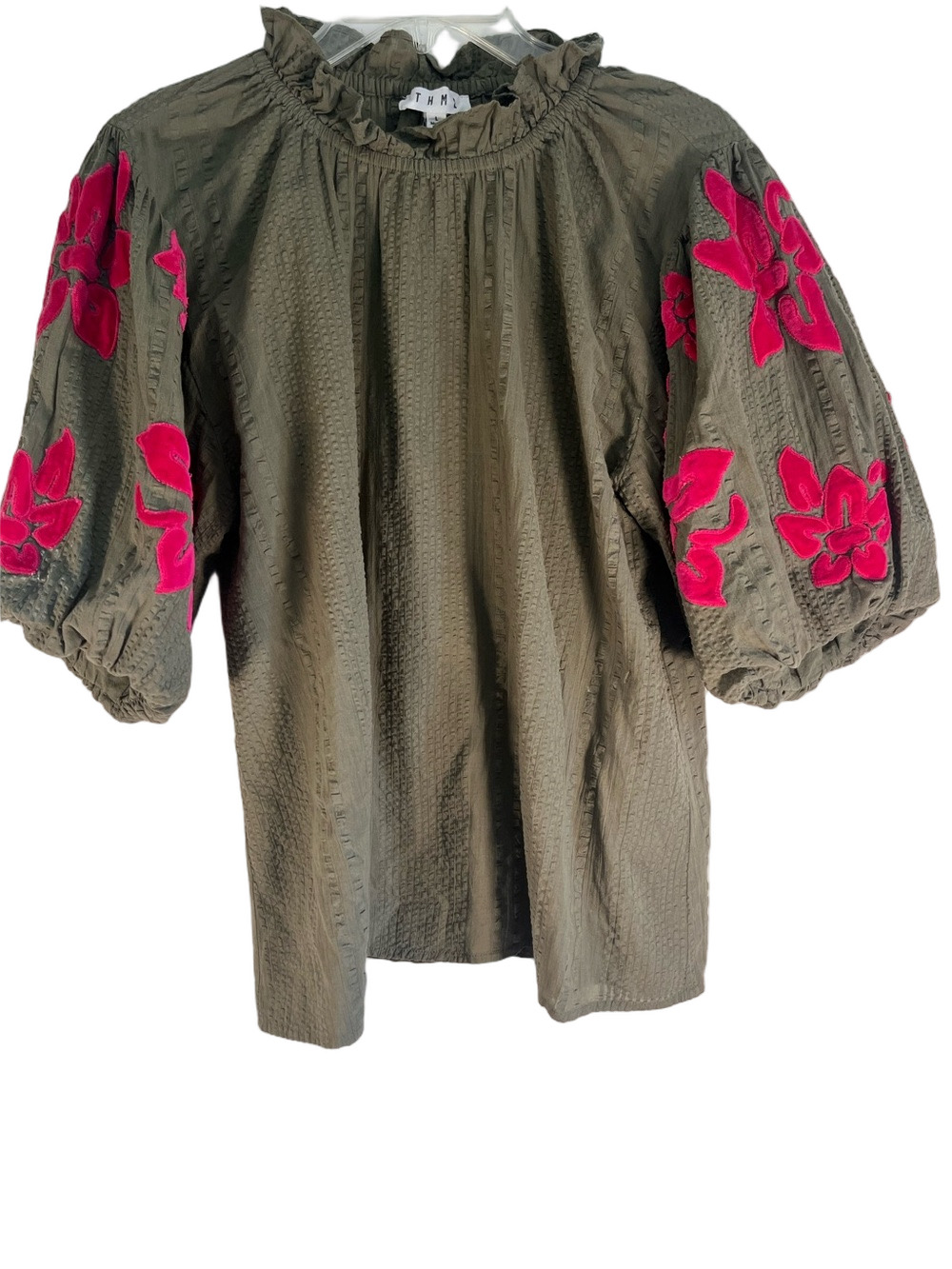 THML Olive Puff Sleeve Blouse with Pink Floral Appliqué W L Babydoll Cotton - Picture 2 of 9